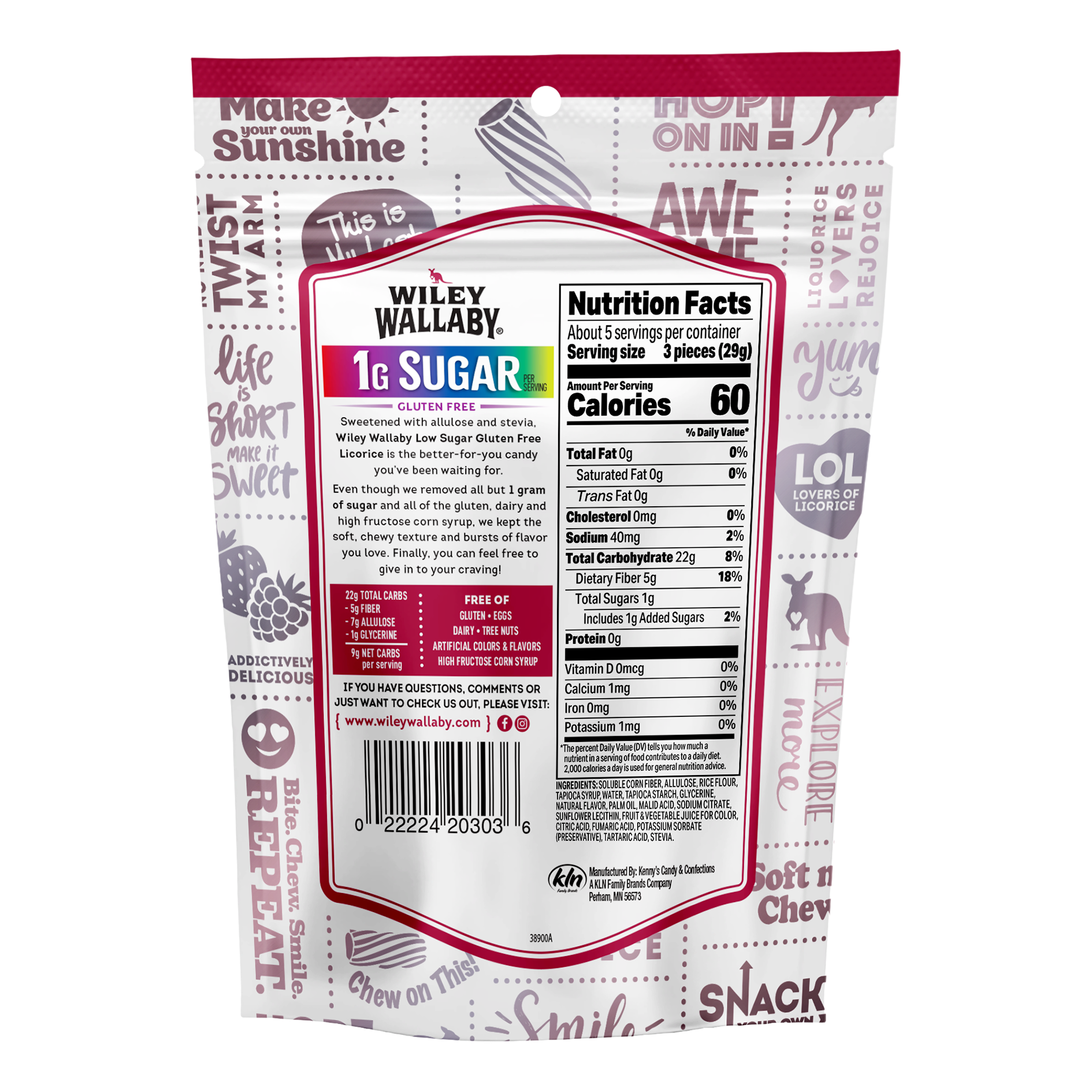 Wiley Wallaby Low Sugar Gluten Free Very Berry Licorice - bag back