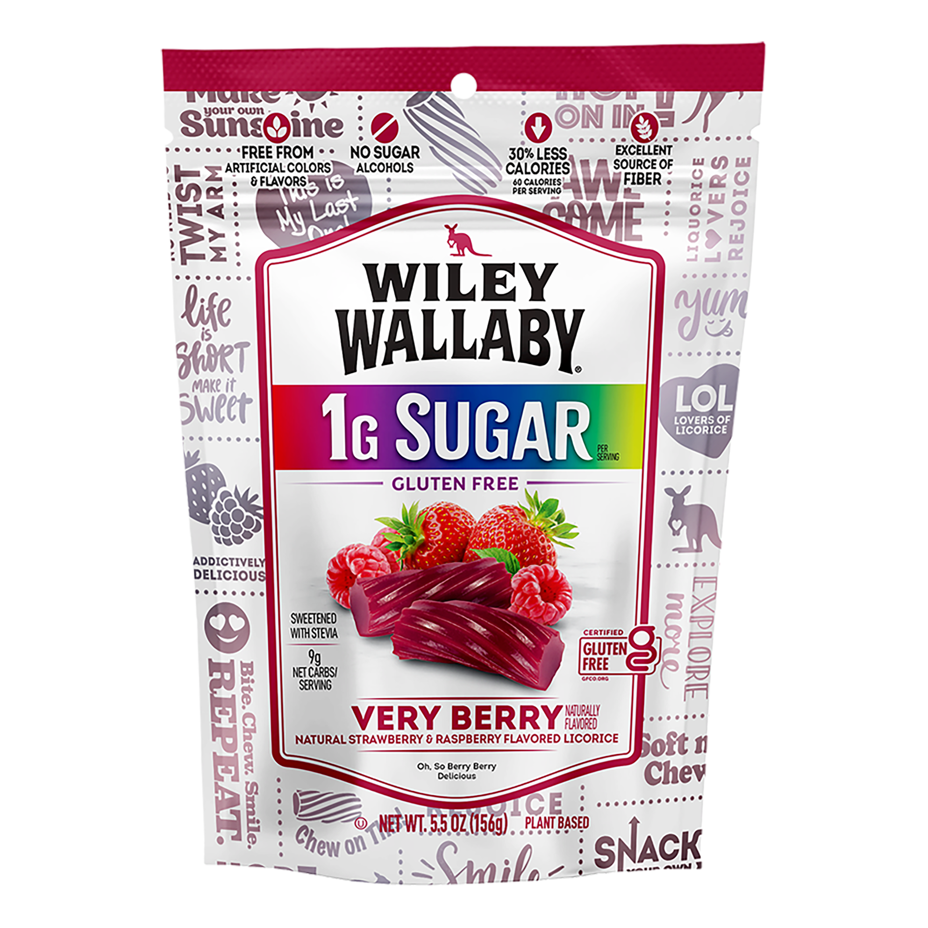 Wiley Wallaby Low Sugar Gluten Free Very Berry Licorice - bag front