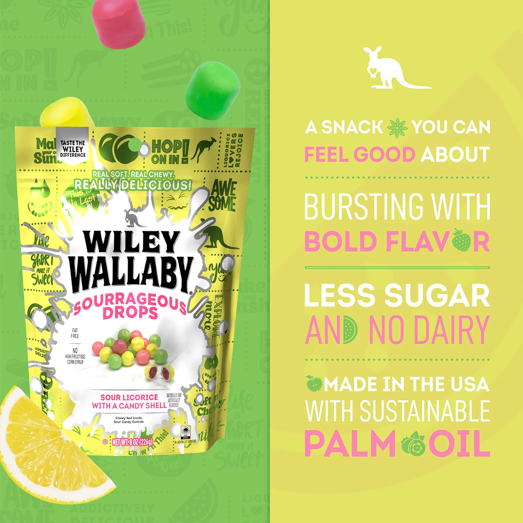 Wiley Wallaby souraegous drops packaging with promotional text on a green and yellow background