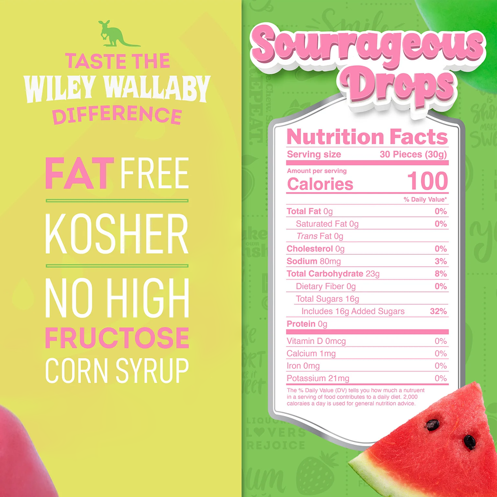 Sourrageous Drops packaging with nutrition facts and product details on a green and pink background.