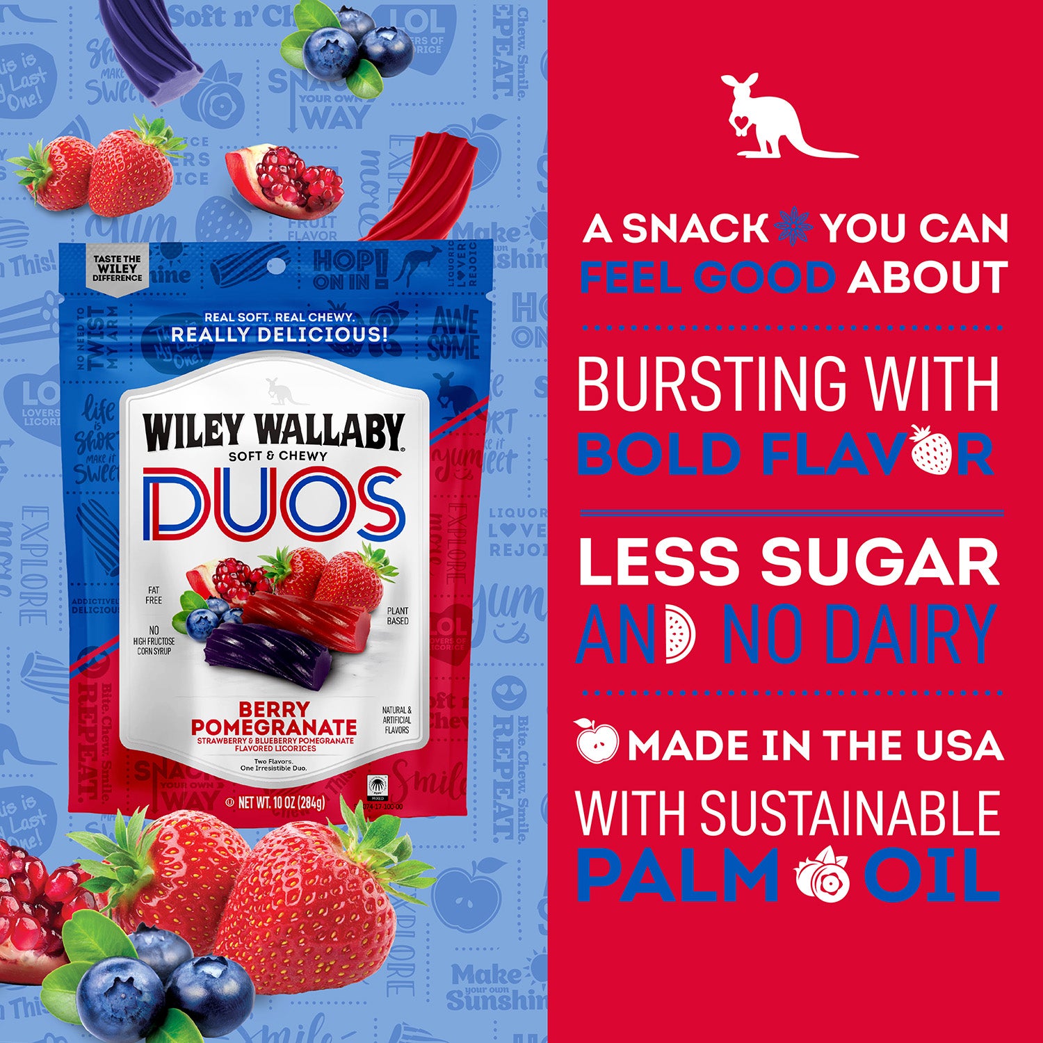 A SNACK YOU CAN FEEL GOOD ABOUT / BURSTING WITH BOLD FLAVOR / LESS SUGAR AND NO DAIRY / MADE IN THE USA WITH SUSTAINABLE PALM OIL