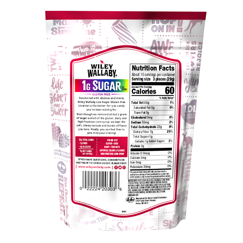 Wiley Wallaby Low Sugar Gluten Free Very Berry Licorice - bag back