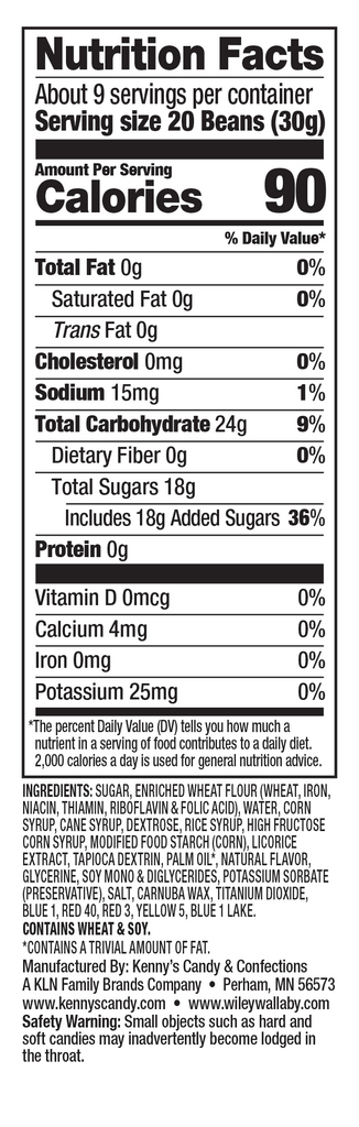 Nutrition Facts - Wiley Wallaby Licorice Beans